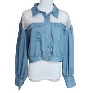 Western Crop Top Blouse XL Puffy‎ Sleeves Mesh Sparkly Sequins Coquette Country